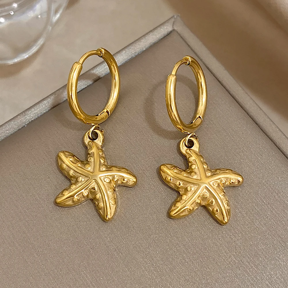 Pendientes de acero inoxidable con estrellas de mar para mujer, aretes elegantes chapados en oro, aros colgantes, joyería