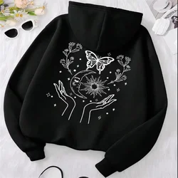 Caring For The Sun, Moon, Flowers, And Butterflies Women's Hooded Oversize Hoodies Fashion Fleece Hoodie Warm Casual Clothing