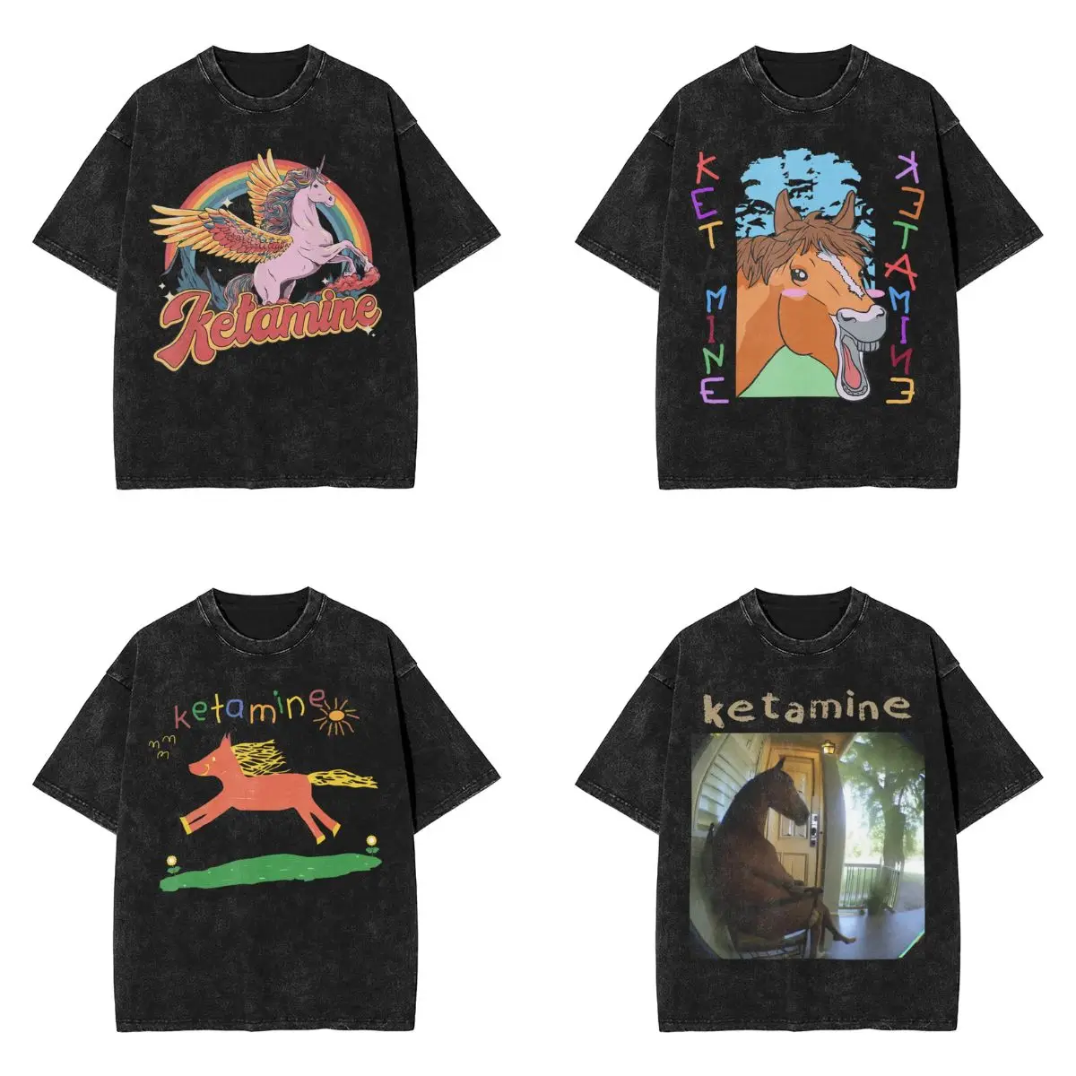 Ketamin Horse Emergency Horse Sitting in A Chair Washed T-Shirt Male  Cotton T-Shirts Summer O Neck Tees Oversized Clothing