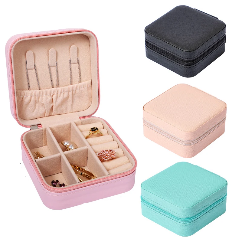 Portable Jewelry Storage Box Zipper Velvet PU Multi-layer Earrings Necklace Storage Box Rings Other Jewelry Solid Color