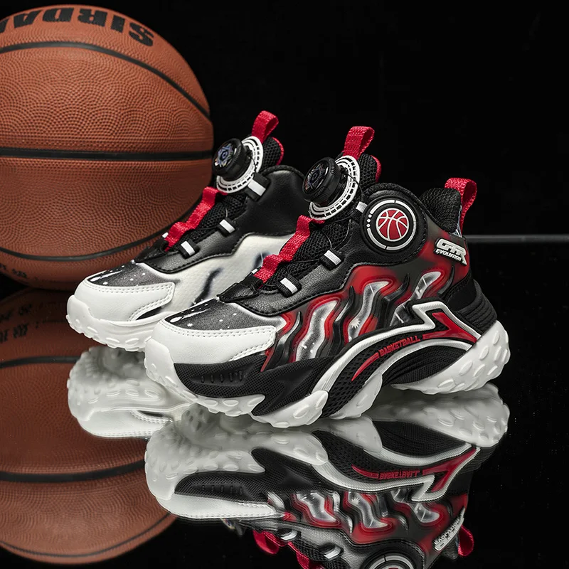 

Оригинальные детские баскетбольные кроссовки с вращающейся пряжкой, повседневная спортивная обувь для мальчиков, уличные нескользящие высокие баскетбольные кроссовки, детские