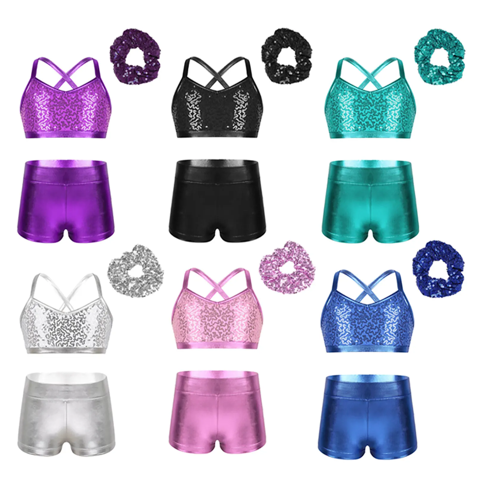 Kids Girls 2Pcs Dance Sports Set Shiny Sequins Backless Camisole Crop Top Booty Shorts Gymnastics Ballet Gym Workout Outfits