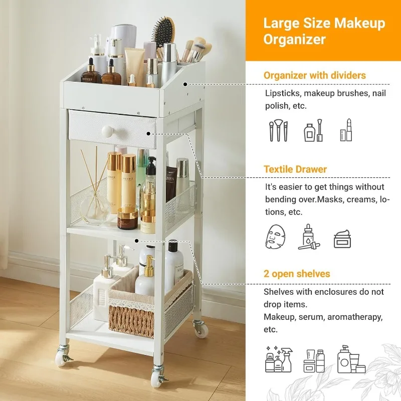 Makeup Organizer Cart,3 Tier Floor Make up Storage Stand with Drawer, Free Standing Skincare Cosmetic Display Holder