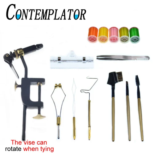 CONTEMPLATOR-Kit de gancho de tornillo de banco giratorio para atado de moscas, soporte de hilo de bobina, cepillo de acabado de látigo CDC, herramientas mágicas de pesca con mosca, hilos de atado