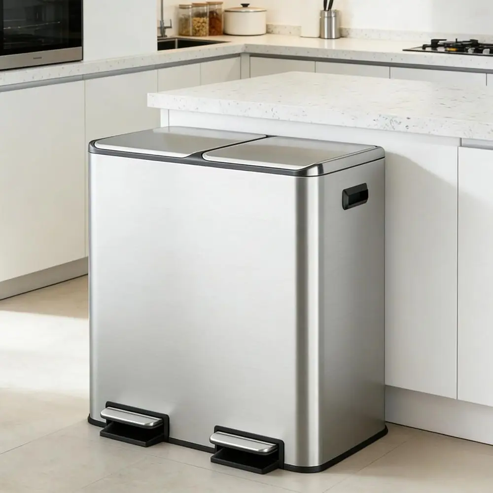 

Dual Compartment Stainless Steel Trash Can with Lids, Inner Buckets, and Deodorizing Filter for Kitchen, Silver