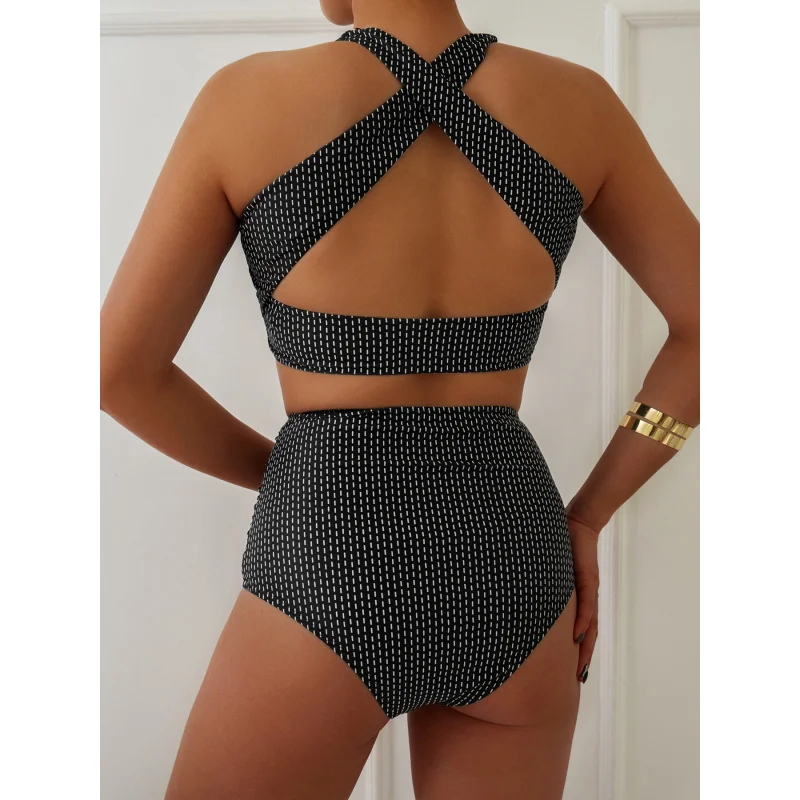 Maiô conservador de duas peças para mulheres, roupa de banho tankini xadrez, novo maiô de duas peças sem costas