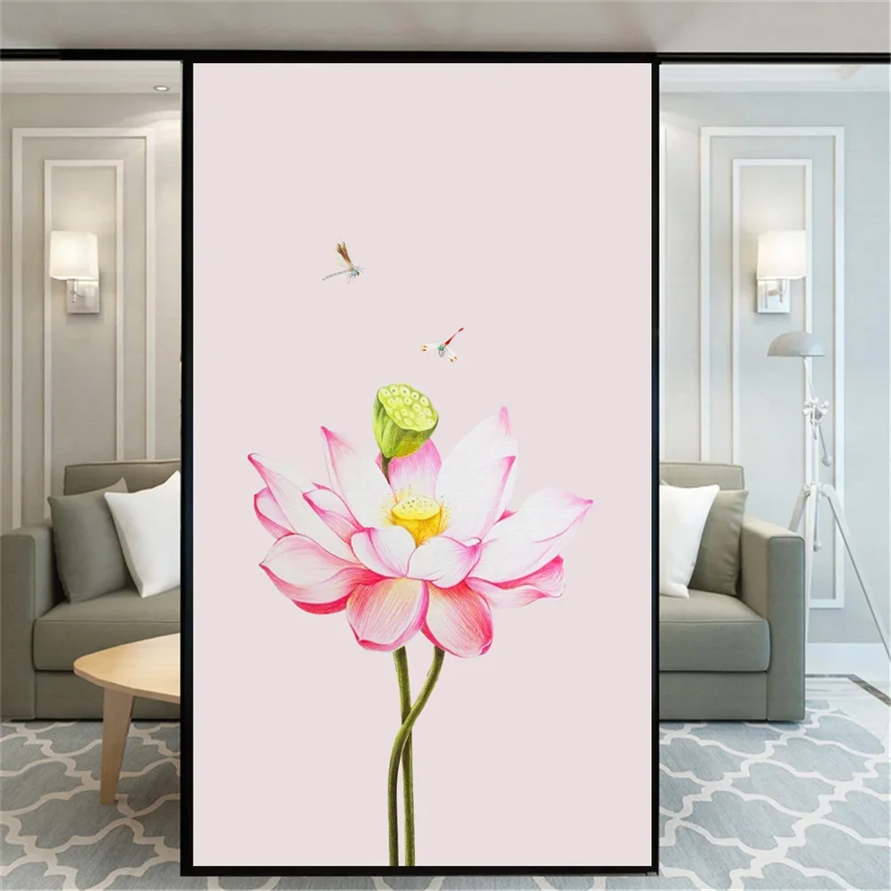 Static Cling Privacy Windows Film Decorative Lotus Pond Stained Glass Window Stickers Frosted Window Tint Film