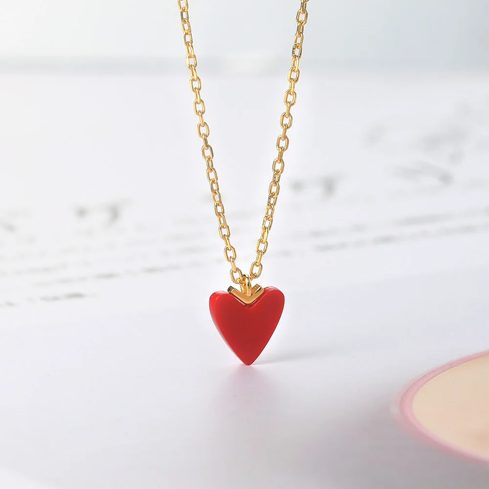 LAMOON 925 Sterling Silver Necklace For Women Little Heart Pendant Synthetic Red Coral 14K Gold Plated Fine Jewelry LMNI105