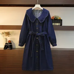 Plus-size women's spring denim skirt lotus collar belt skirt Blue denim fabric casual commuter clothing loose and comfortable