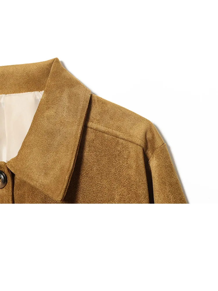 HH 新しい女性向け冬ファッション 長袖 シングルブレスト スエード ポケット装飾 ショートコート 女性用 ストリートスタイル カジュアルジャケット