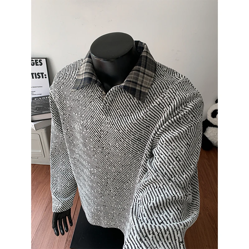 

Autumn base shirt, campus sports long sleeved lapel shirt, couple plus size top in double color, men's fashionable knitted shirt