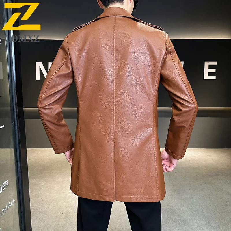 COMXZ جديد رجل سترة جلدية جديد الحد الأدنى العصرية السفر الجلود خندق معطف منتصف طول الأعمال ملابس خارجية قسط غير رسمية #6