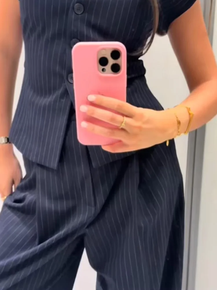 

HH летний женский модный комплект из 2 предметов, однобортный жилет без рукавов с v-образным вырезом в тонкую полоску + свободный пояс, плиссированные брюки с карманами на молнии