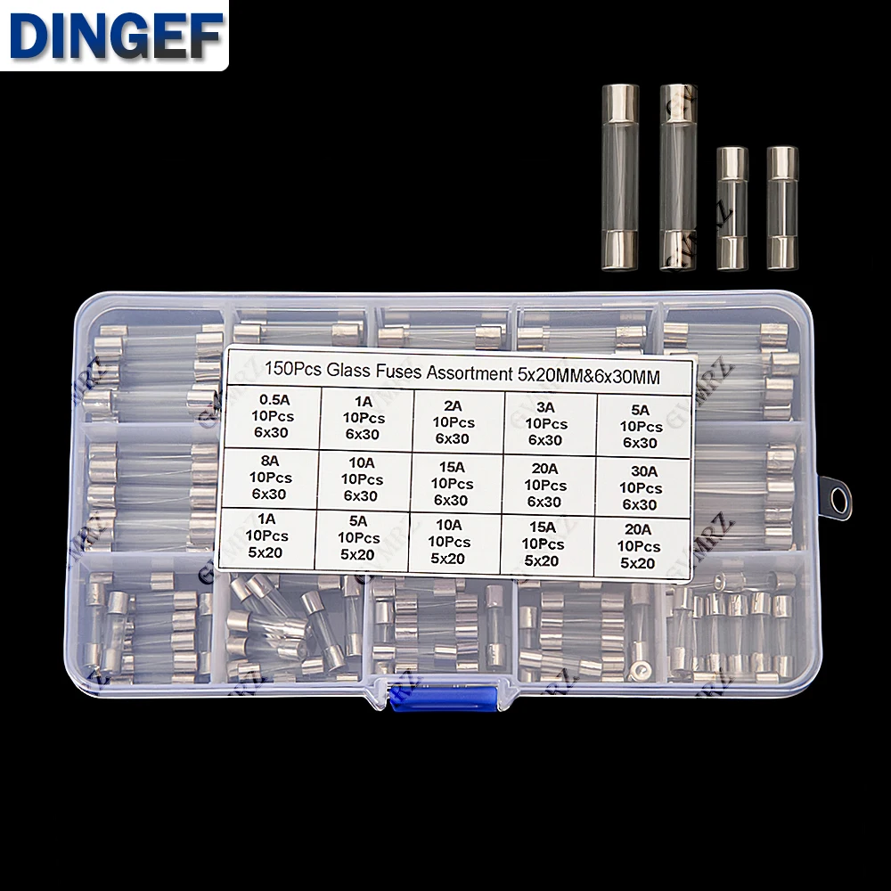 150Pcs 15value 5x20mm 6x30mm Glass Fuse Assorted Kit Box 0.25A 0.5A 1A 2A 3A 5A 8A 10A 15A 20A 30A