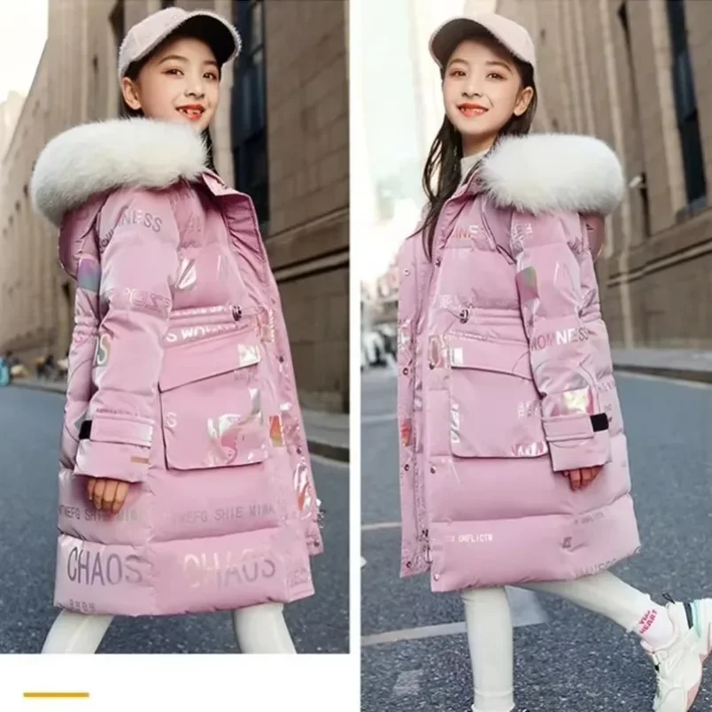 Girls Down Jacket New Warm Long Style Parka Hooded Zipper Fur Collar Girls Outerwear 5 6 8 10 12 14 Years Kids Winter Clothes