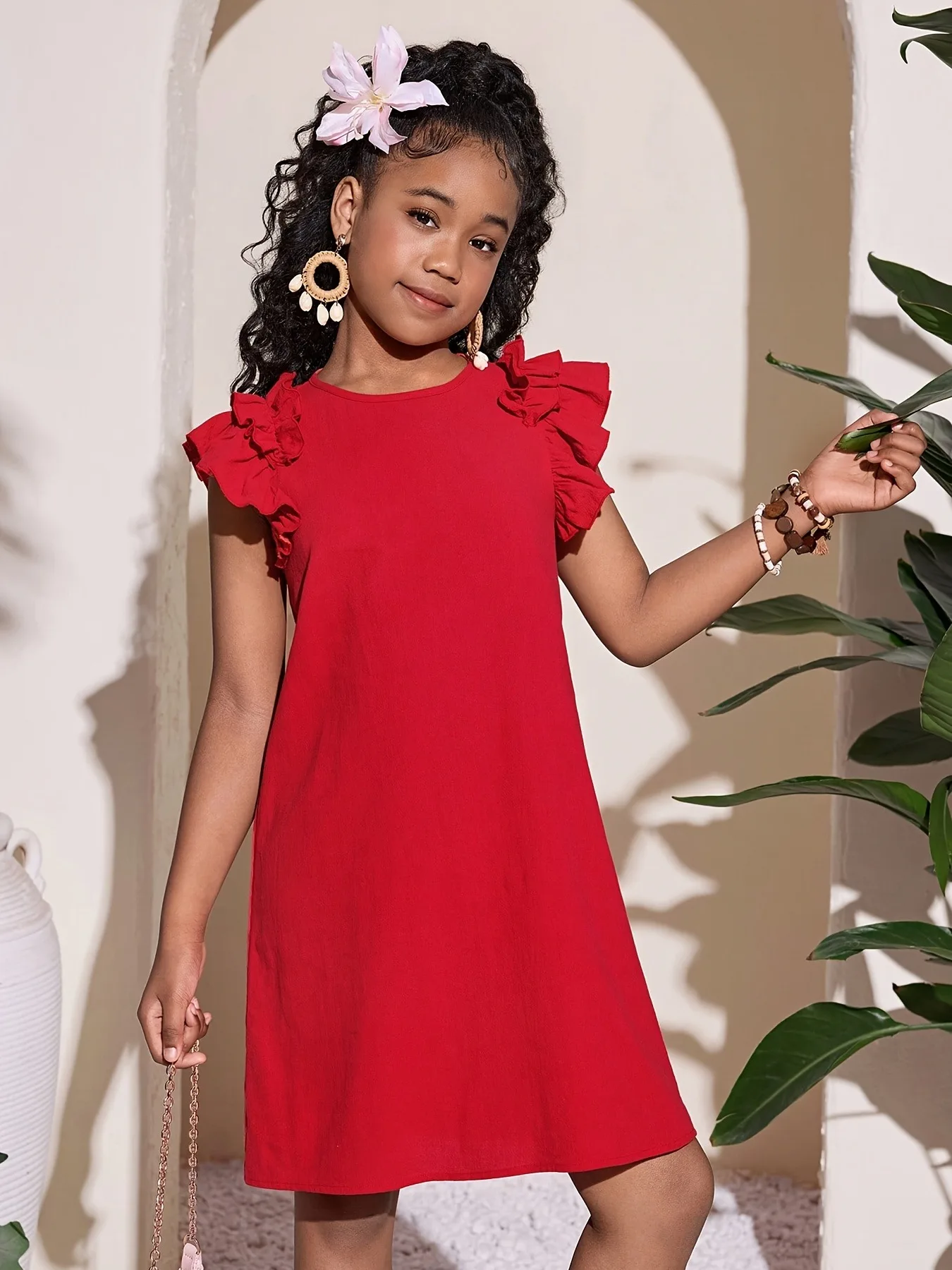 Mädchen Rüschen Ärmelloses Rotes Kleid Rundhals Lässiges A-Linien-Sommerkleid 4-12 Jahre Kinder für Strand Urlaub Party Locker Bequem Sommer-Outfit – Detail 5