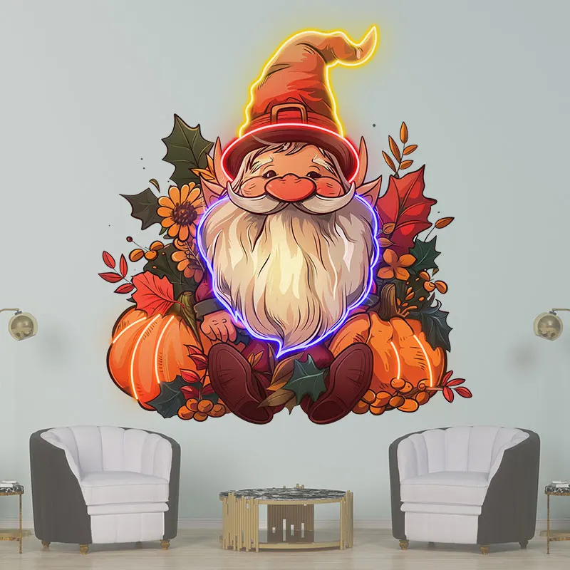 Thanksgiving Gnome Neon Light Sign - Cute Fall Harvest Decor with Pumpkins and Leaves, Perfect for Autumn Festivities & Holidays