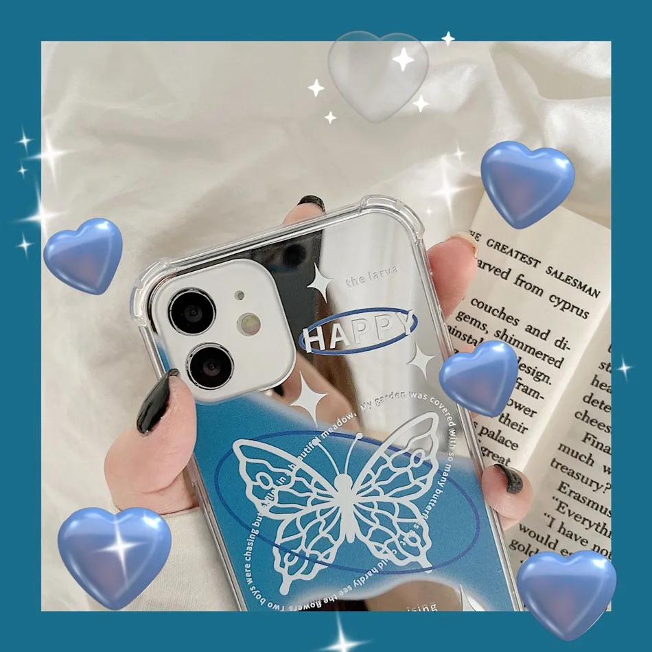 Makeup Mirror Case For iPhone 15 14 Plus 13 Mini 12 Pro 11 XS Max XR 7 8 Plus Fashion INS Butterfly Star Moon Full Protect Cover