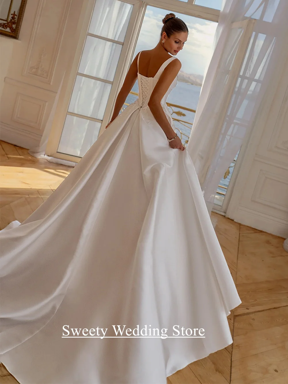 Modern Satin Wedding Dress Customized Deep V Neck Sleeveless Pearls Pleat A Line Sweep Train Corset Bridal Gown Robe Mariee