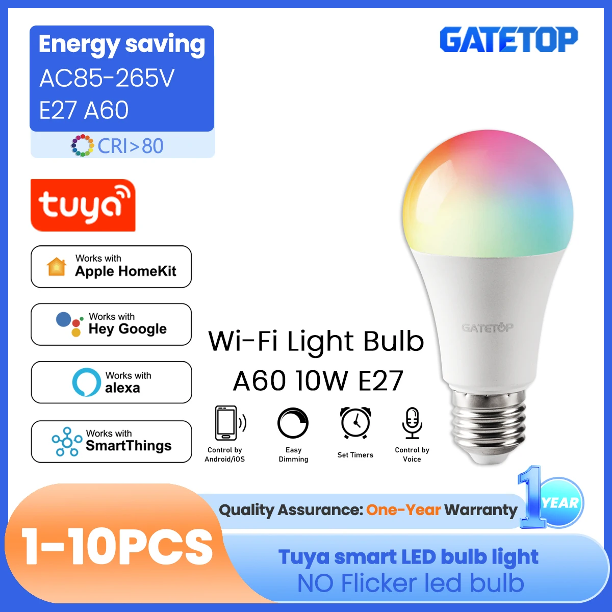 

1-10PCS E27 RGB LED Bulb Tuya WIFI Dimmable Light 10W LED Lamp 2700-6500K Smart Life APP Voice with Alexa Google Home