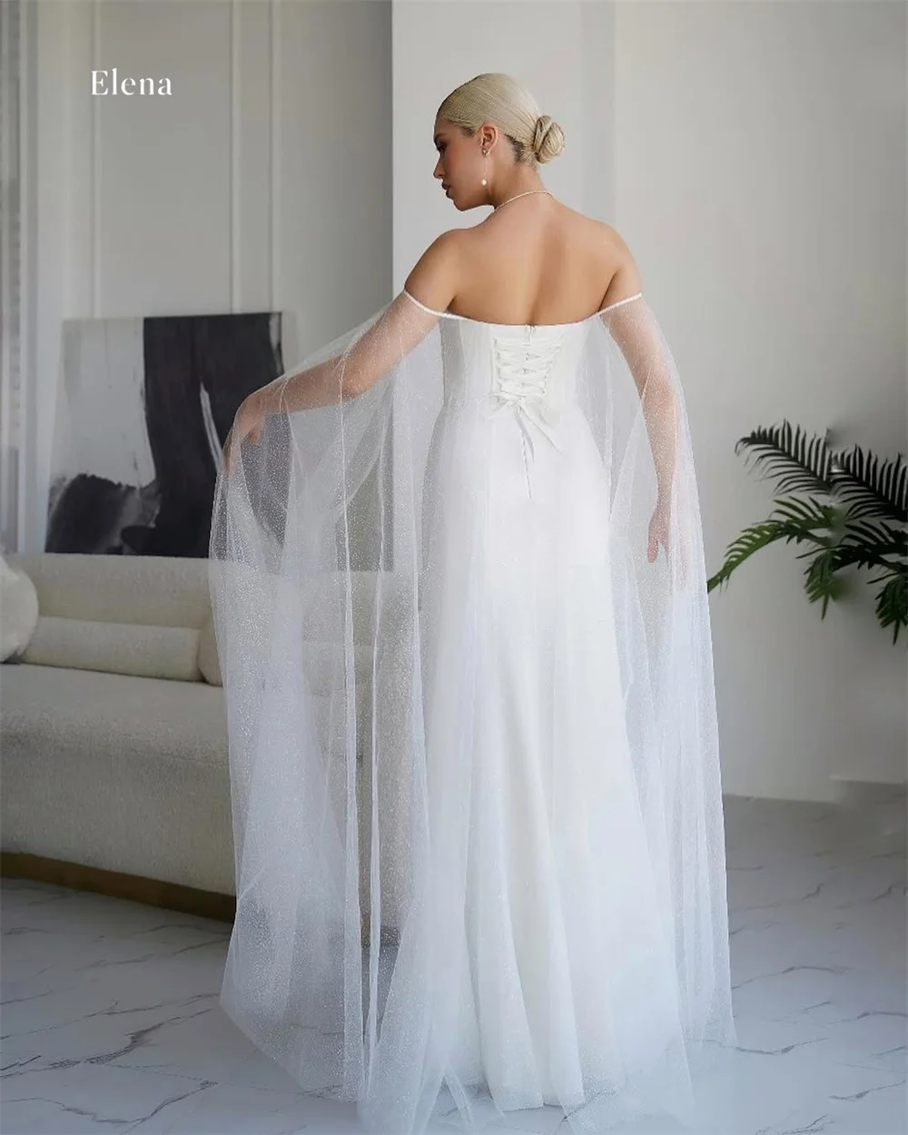 Elena Satin Sweetheart White Mermaid Formal Evening Gown Elegant Luxury Women's Ladies Cape Overlay, Corset Beading Customized