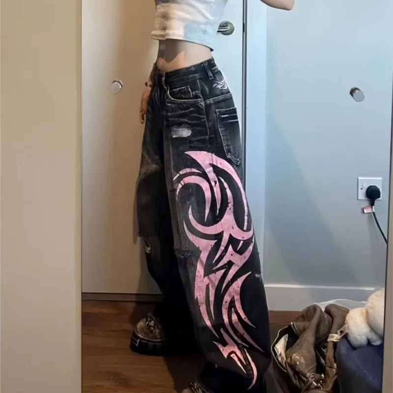 Y2K Aesthetics Goth Vintage Mottled Totem Print Baggy Jeans Women High Waist Wide Leg Jeans Women's Harajuku Punk Hip-Hop Jeans
