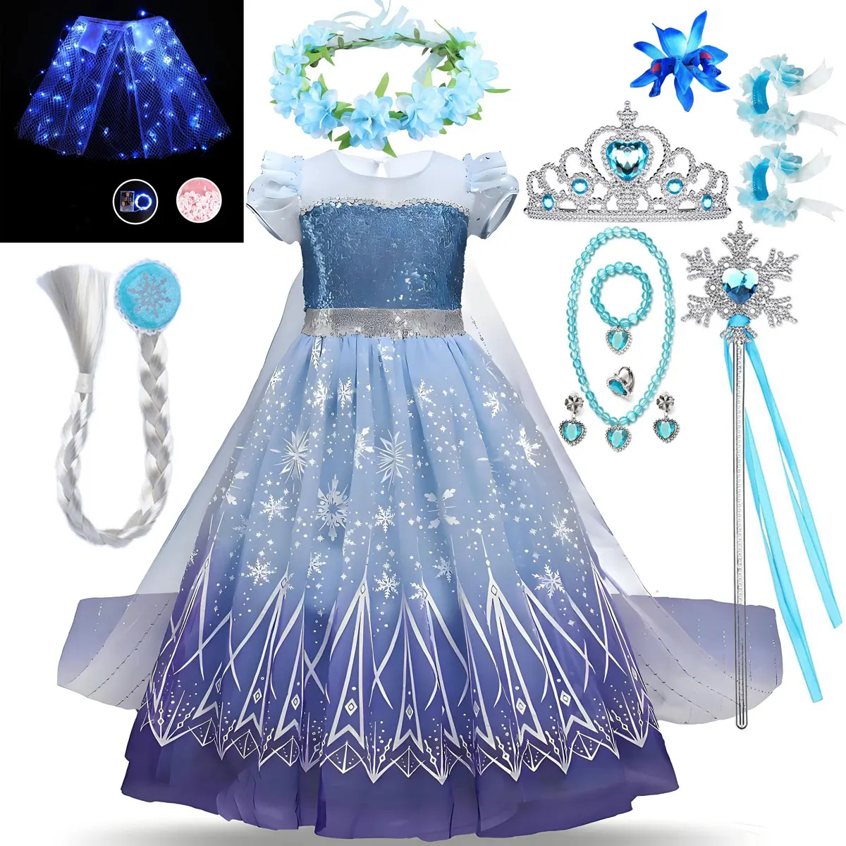 Conjunto de Vestido de Princesa para Niñas, Estilo Elsa de Frozen, Azul, Sin Mangas, con Falda de Encaje Estampada y Capa