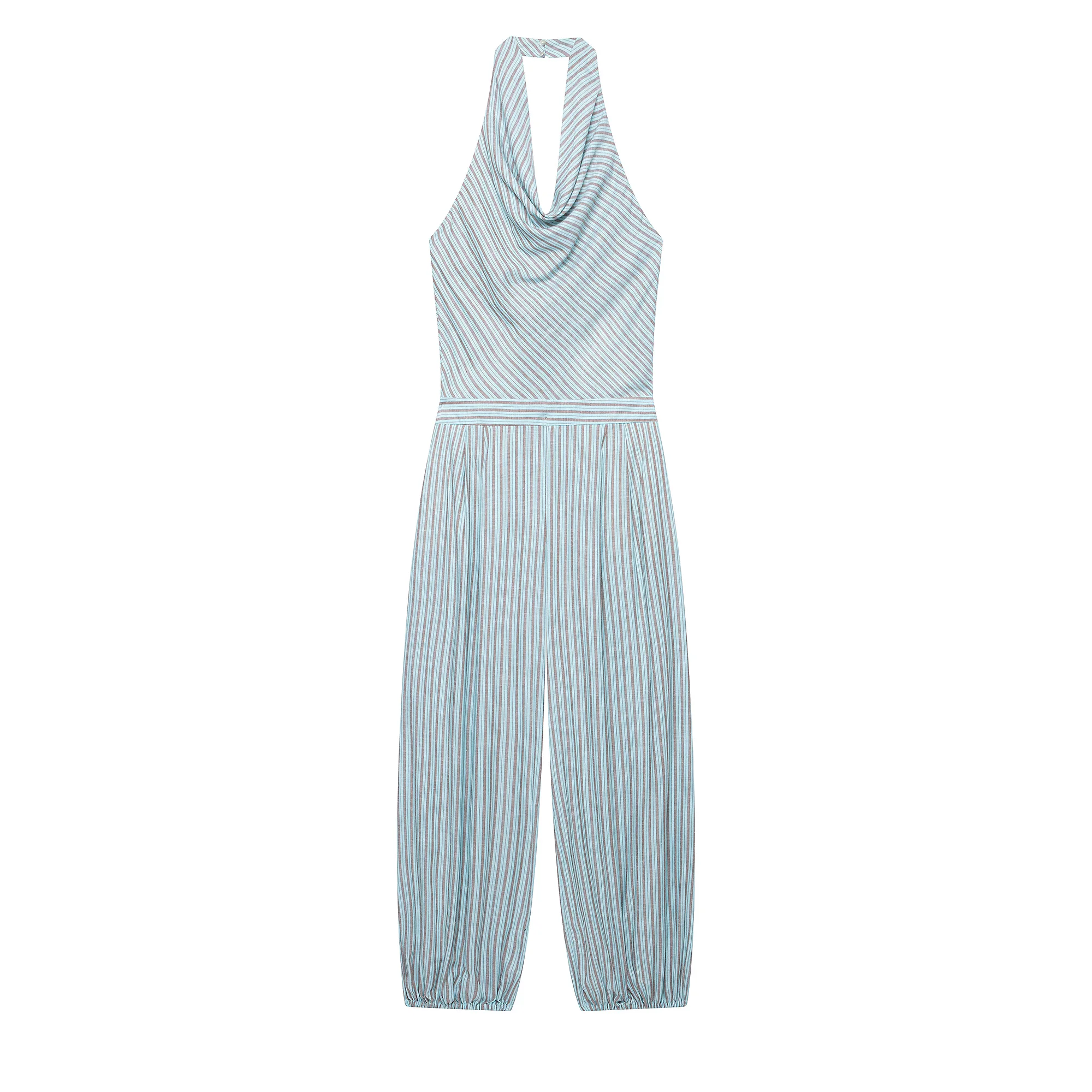 Women Y2K Elegant Striped Halter Long Jumpsuit 2026 Summer Trendy Holiday Leisure Playsuits Chic Ladies Sleeveless Jumpsuit