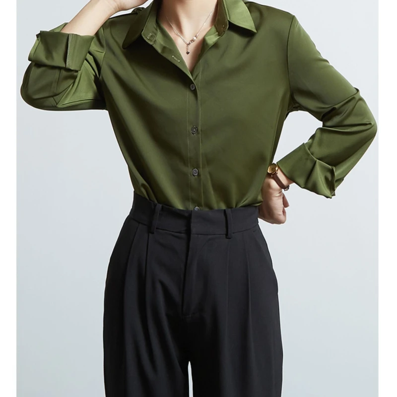 Spring Autumn Elegant Satin Women's Blouses 2025 New Long Sleeve Single Breasted Office Lady Loose Shirts Tops Female