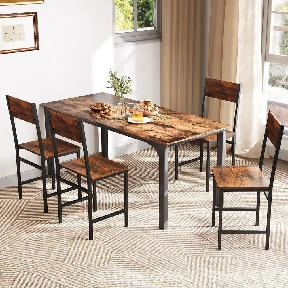 

Set of 4 Industrial-Style Dining Chairs with Slanted Backs, Metal Legs, Rustic Wood Grain, Suitable for Kitchen, Dining Room, Li