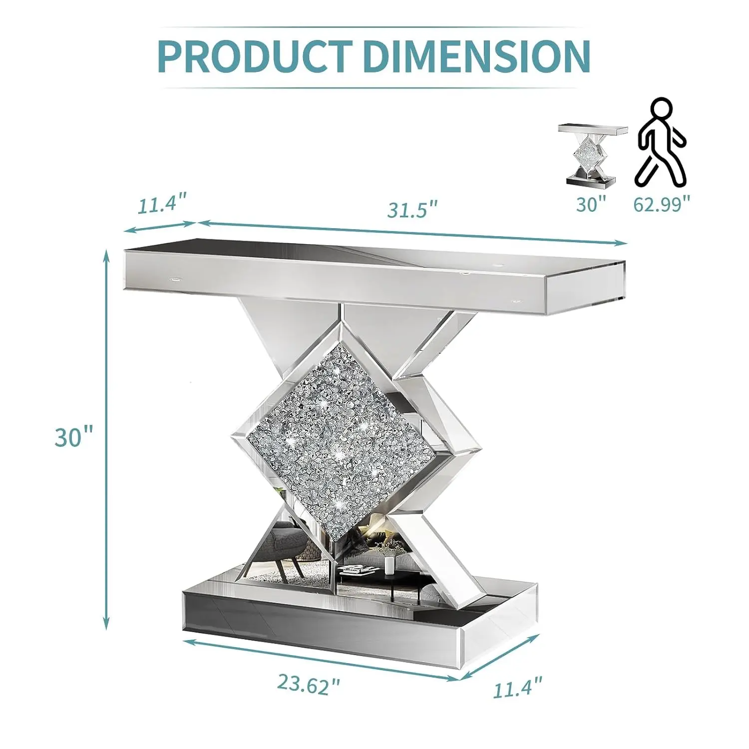 Silver Mirrored Console Table with Crushed Diamond Inlay 32