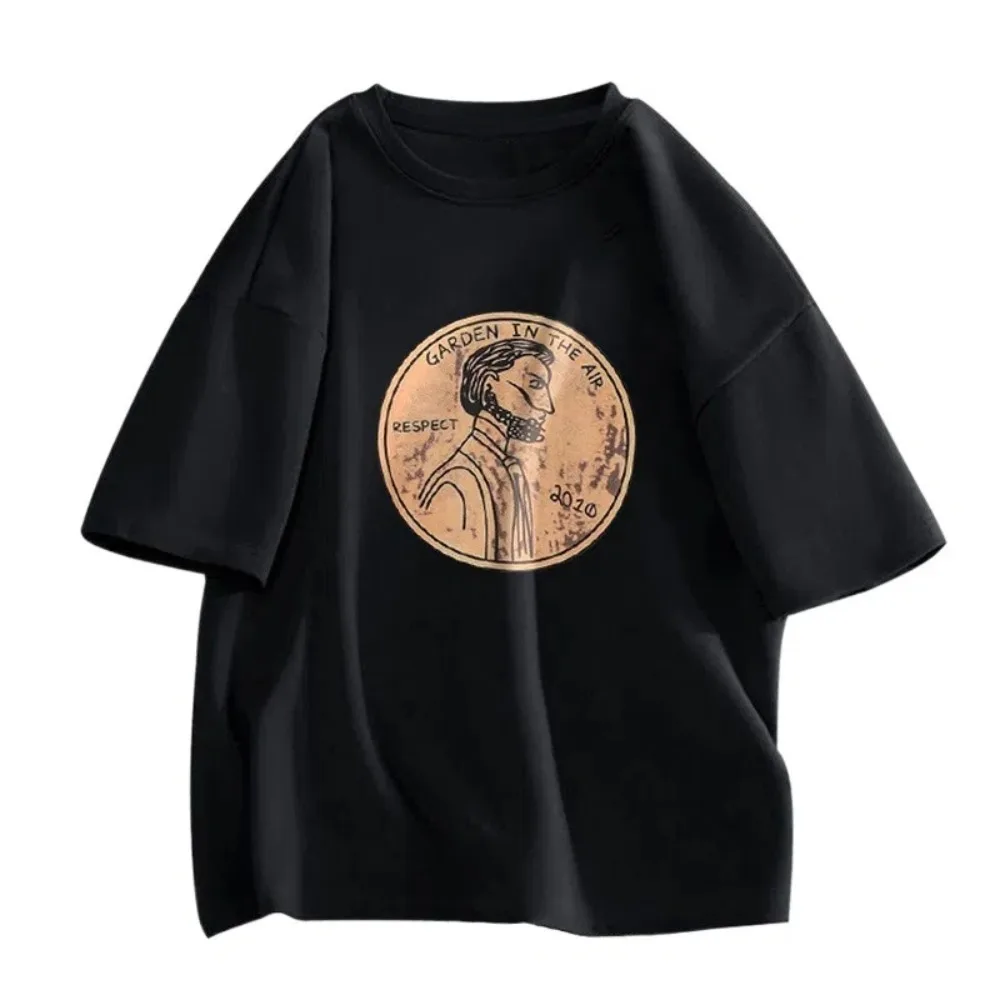 

Retro Loose Cotton T-shirt Cartoon Short Sleeve Plus Size Pullover Shirt O-neck Ins Couple Clothing Tees Summer