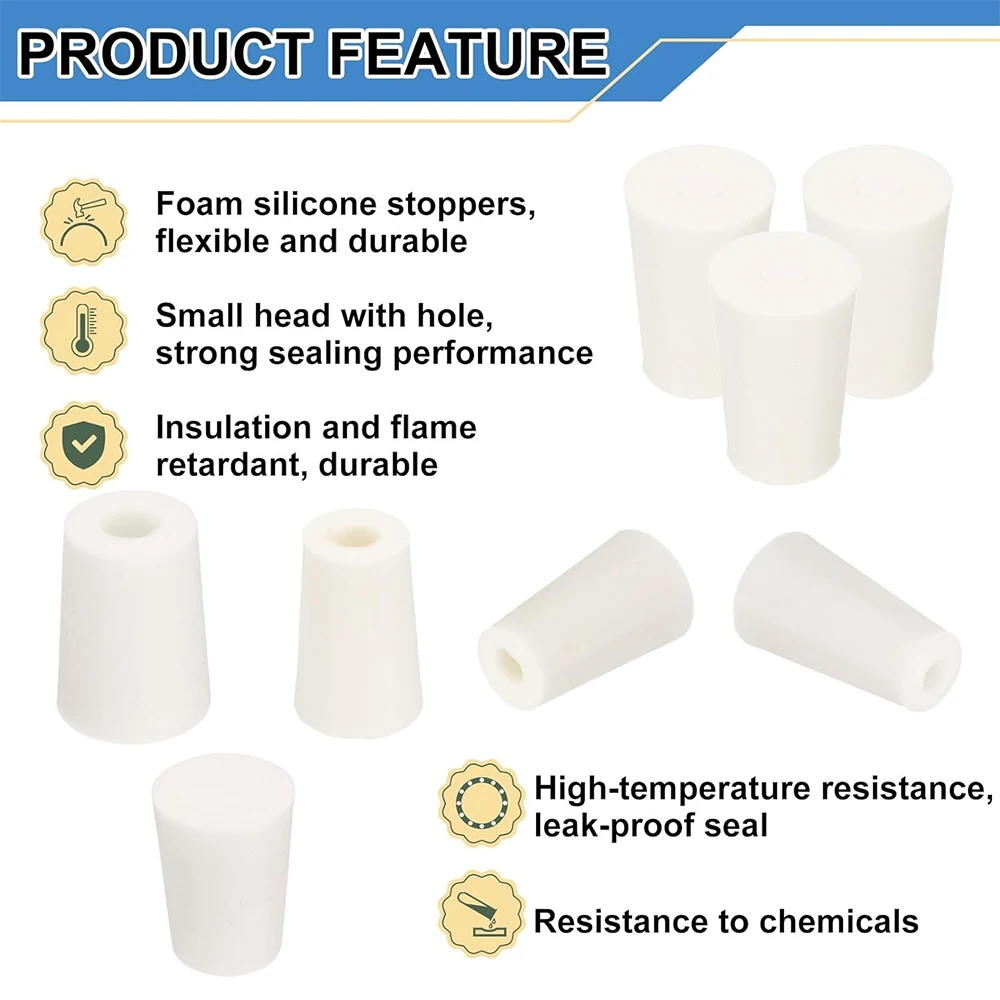 4PCS Silicone Stopper White Semi-transparent With 8mm Holes Tapered Reusable Lab Seal Stoppers Suitable for Test Tubes Flasks