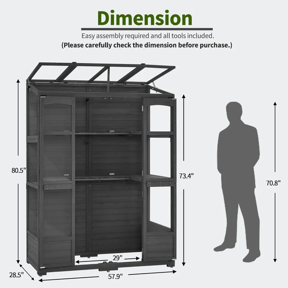 Wooden Greenhouse, Walk-in Outdoor Greenhouse with Openable Roof and Lockable Door with Large Storage Space (Dark Grey)