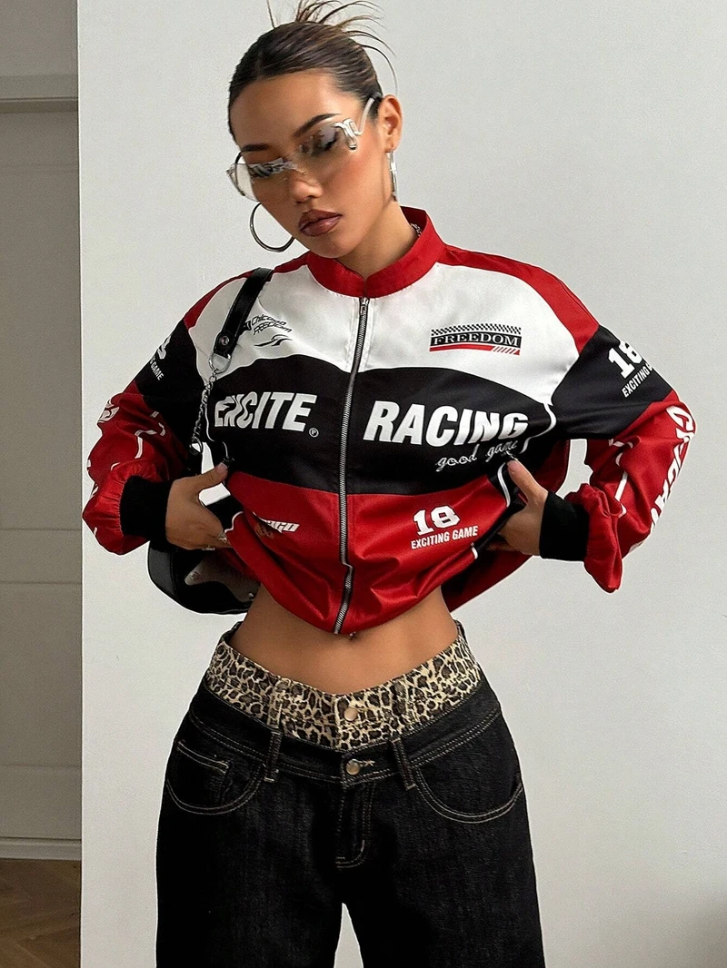 

STYLISH LADY Letter Printed Biker Jackets 2025 Autumn Women Long Sleeve Zipper Casual Street Contrast Color Hip Hop Outwears
