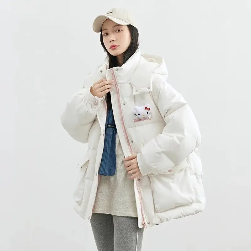 Women White Duck Down Coat Hello Kittys Girl Students Winter New Fashion Hooded Jackets Loose Thicken Parkas Female Warm Outwear