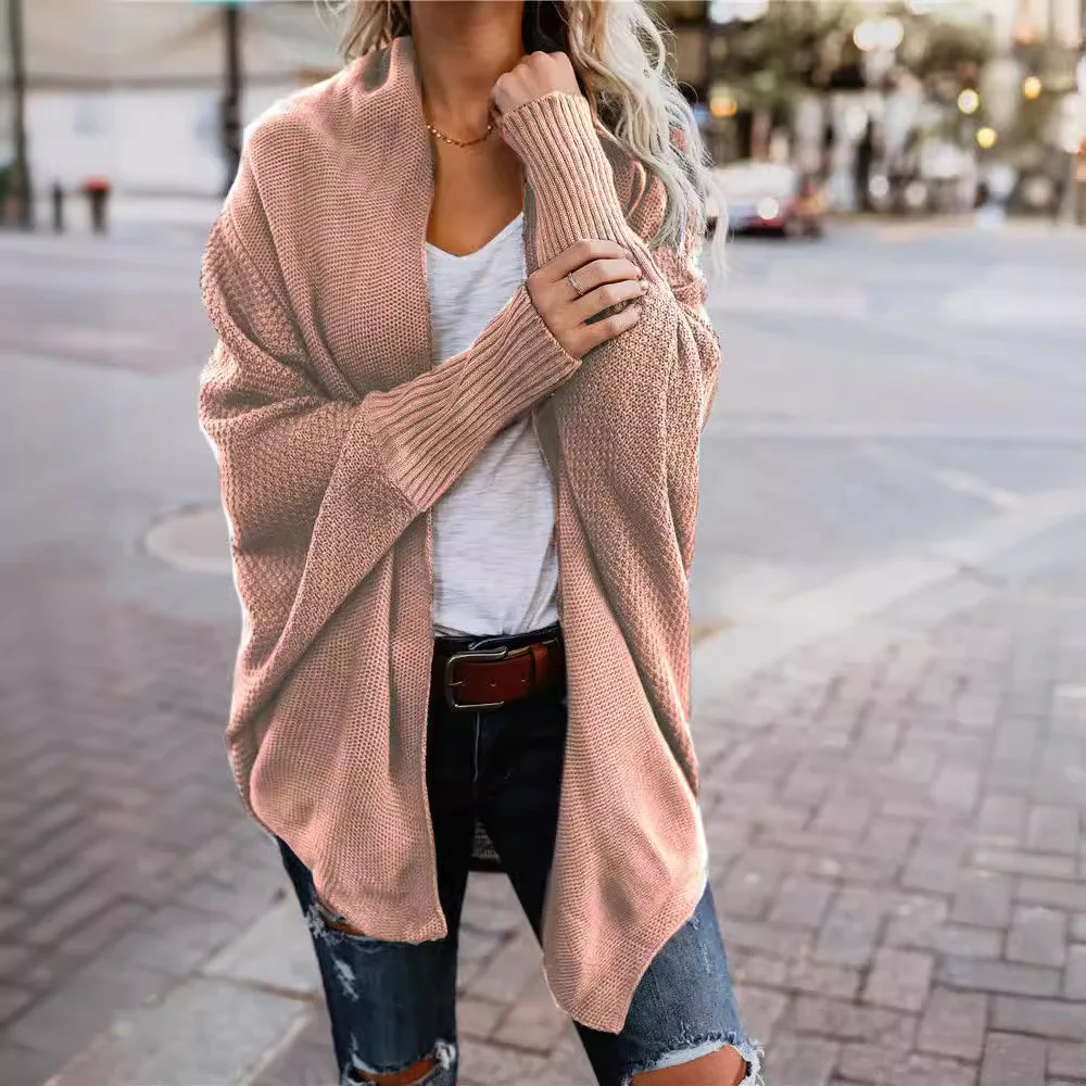 European and American Solid Color Loose Knitted Cardigan Coat, Women's New Autumn and Winter Loose Bat Sleeve Knit Sweater Coat