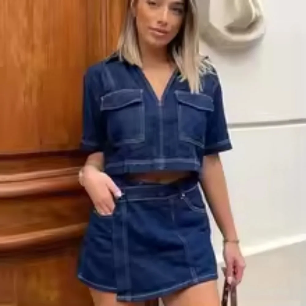 

Crop Solid Blouse Women's Denim Shirt Summer 2024 Fashion V-Neck Short Sleeve Pockets Shirt Elegant All-Match Street Blouse