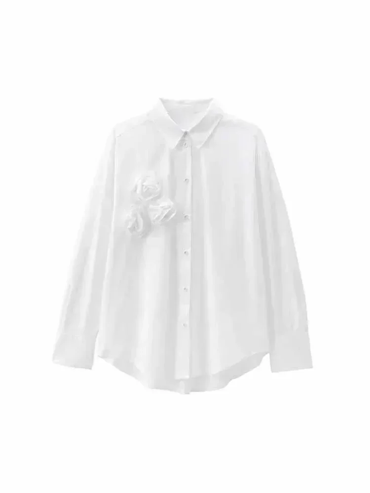 Camicia da donna in popeline monopetto allentata con decorazione floreale a trama di nuova moda Camicia da donna a maniche lunghe con risvolto retrò Top chic