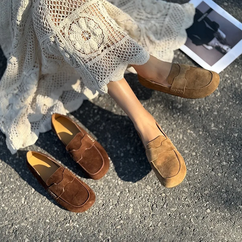 

Birkuir Retro Slip On Flats Shoes For Women Suede Boat Shoes Genuine Leather Low Heel Loafers Luxury Round Toe Casual Shoes
