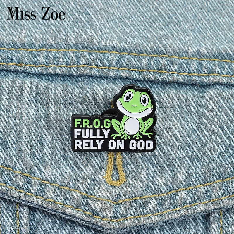 

FROG FULLY RELY ON GOD Enamel Pins Custom Cute Frog Brooches Lapel Badges Clothes Animal Jewelry Gift for Kids Friends