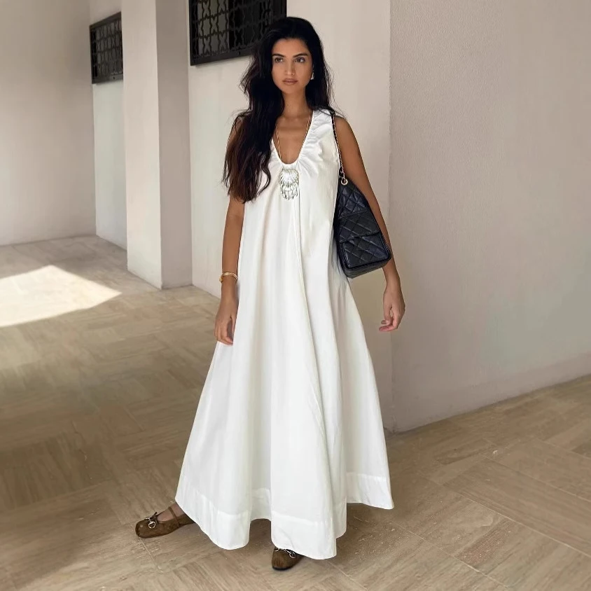 

Women Sleeveless Linen Dress Summer Breathable Sundress Loose Casual Elegant Maxi Woman Street Chic V Neck Straight Dress
