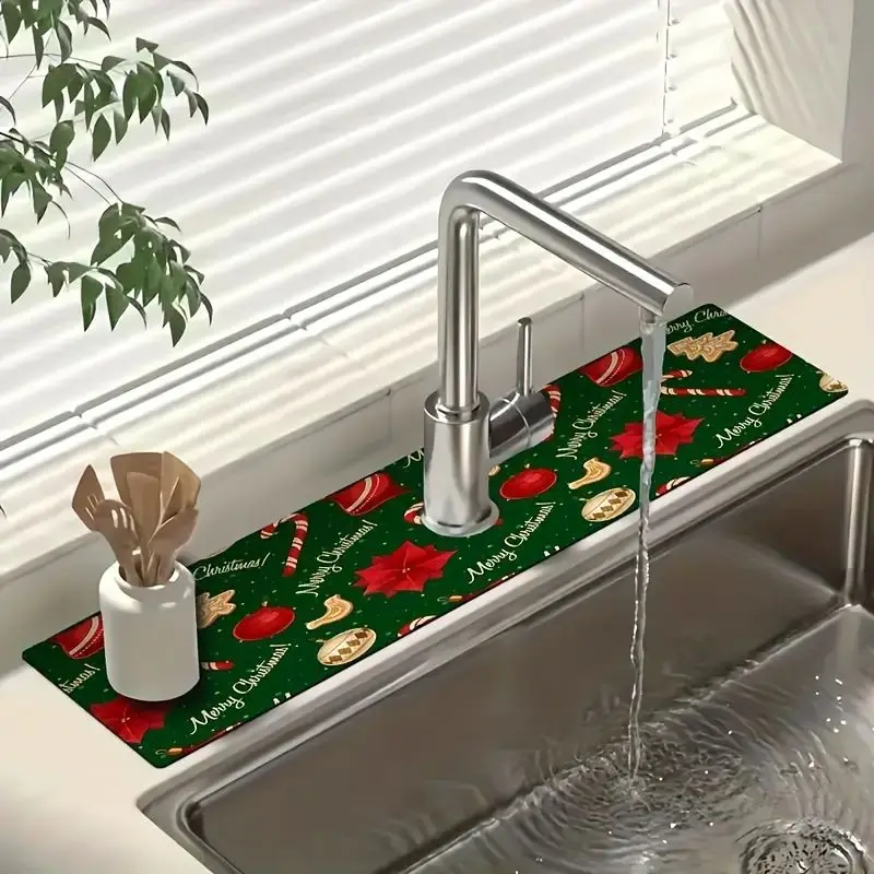 VIKAMA Christmas Candy Cane Kitchen Mat Absorbent Sink Drying Mat Non Slip For Kitchen Counter Dining Room Xmas Decor