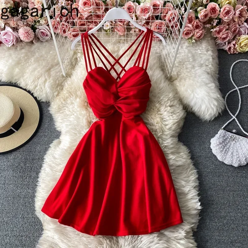 Gagarich Women Dress 2025 Spring Summer French Elegant Sexy Female Tube Top V-neck Hollow Back Sleeveless A-line Vestidos