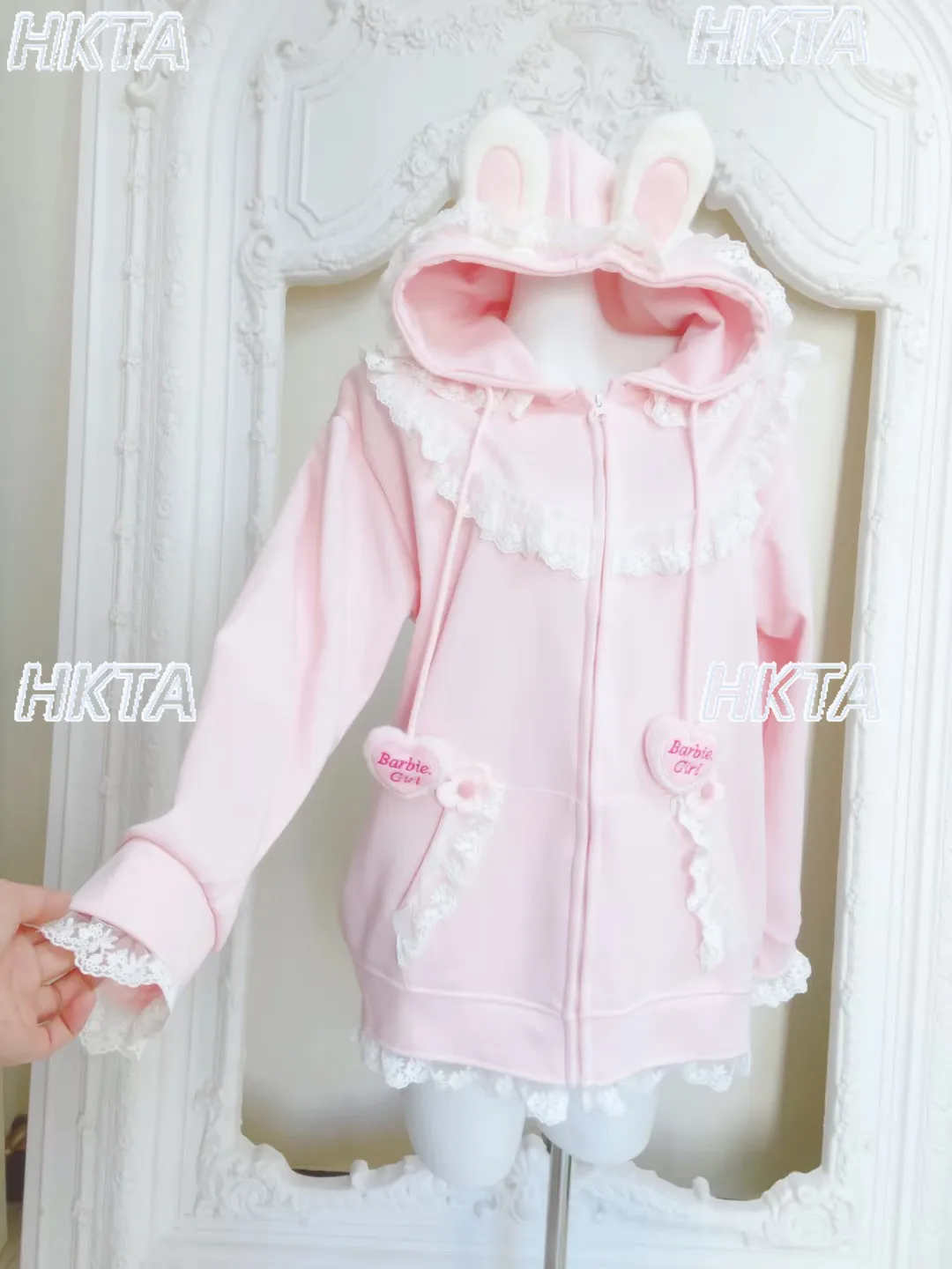 

2026 Весенняя новая милая свободная утягивающая универсальная толстовка с длинными рукавами и капюшоном, кружевная толстовка с заячьими ушками, женская милая розовая повседневная толстовка с капюшоном, топ