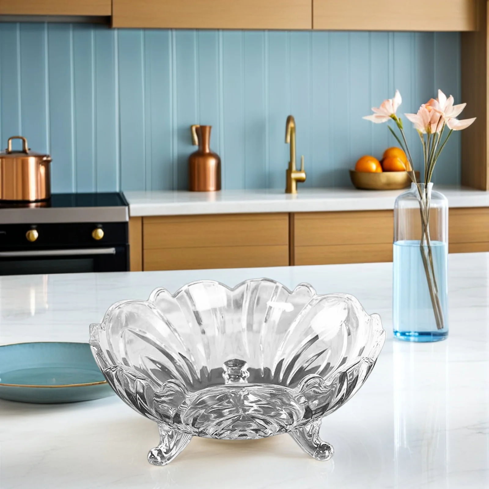 

Embossed Glass Fruit Tray Transparent Multi-Function Salad Bowl European Style Food Serving Decorative Plate