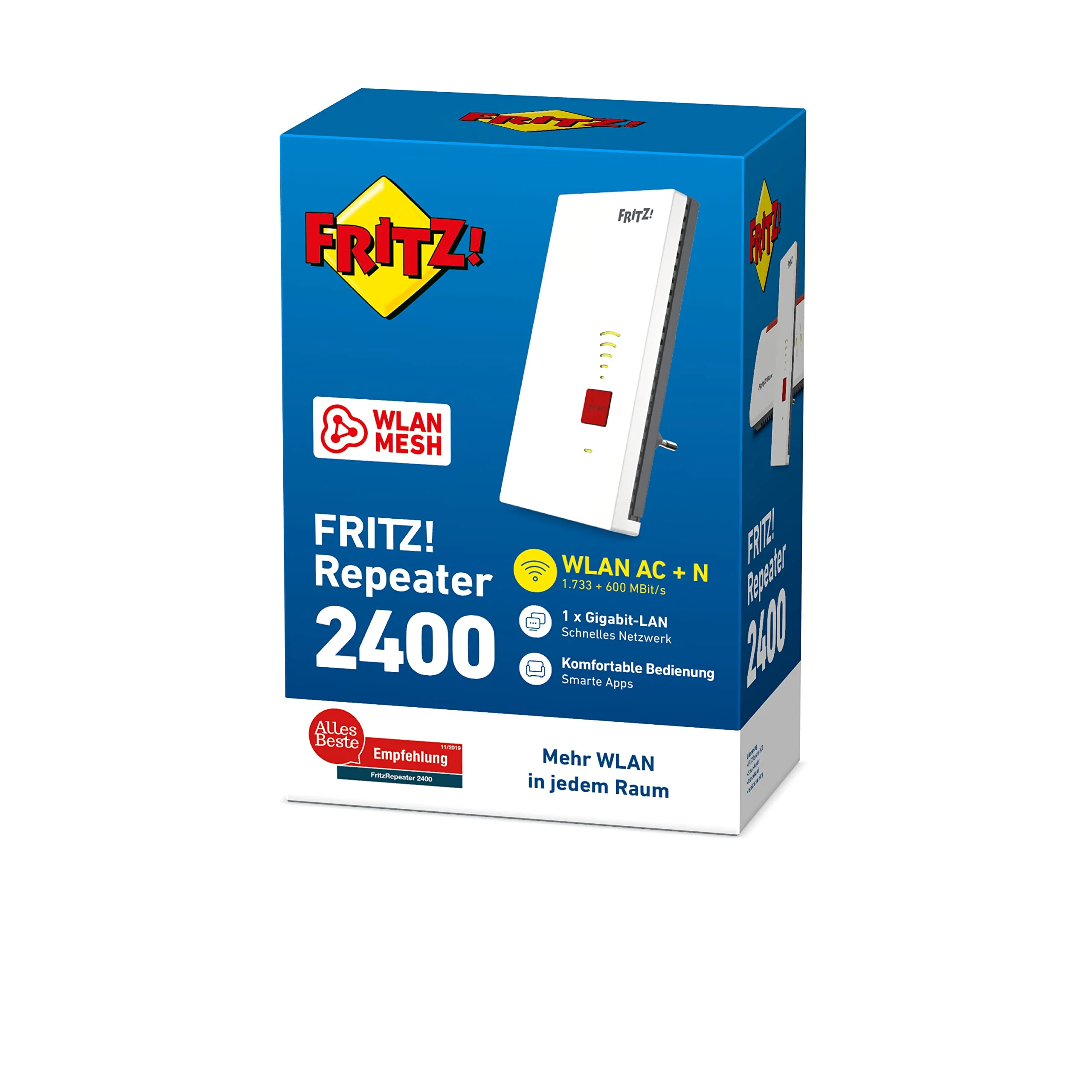 FRITZ! مكرر 2400 (Dual WLAN AC + N يصل إلى 1,733 ميجابت/ثانية (5 جيجا هرتز) + 600 ميجابت/ثانية (2.4 جيجا هرتز)، 1x جيجابت LAN، النسخة الألمانية