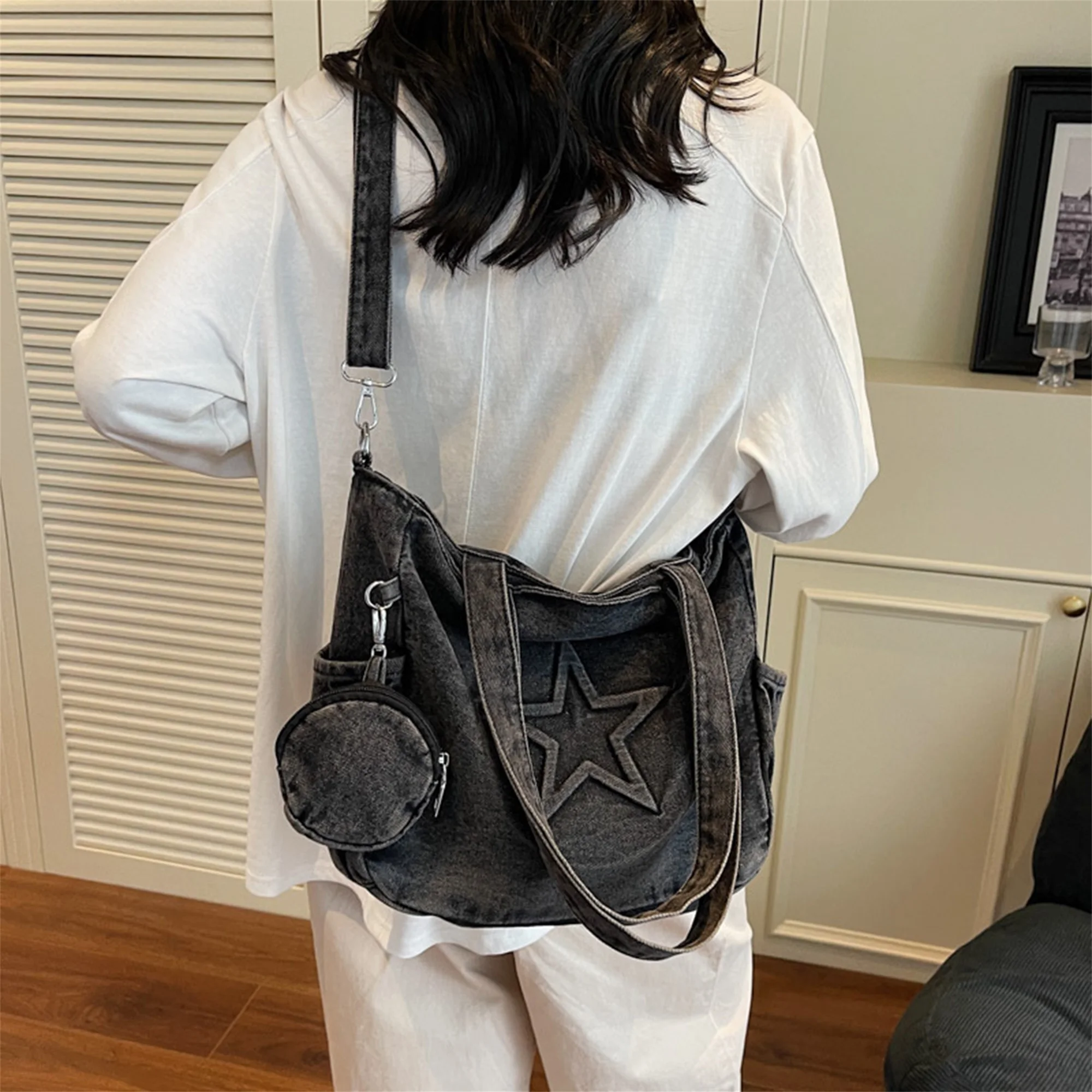 

Fashionable Denim Tote Bag with Zipper and Embossed Star Design Trendy Crossbody Bag for Stylish Women