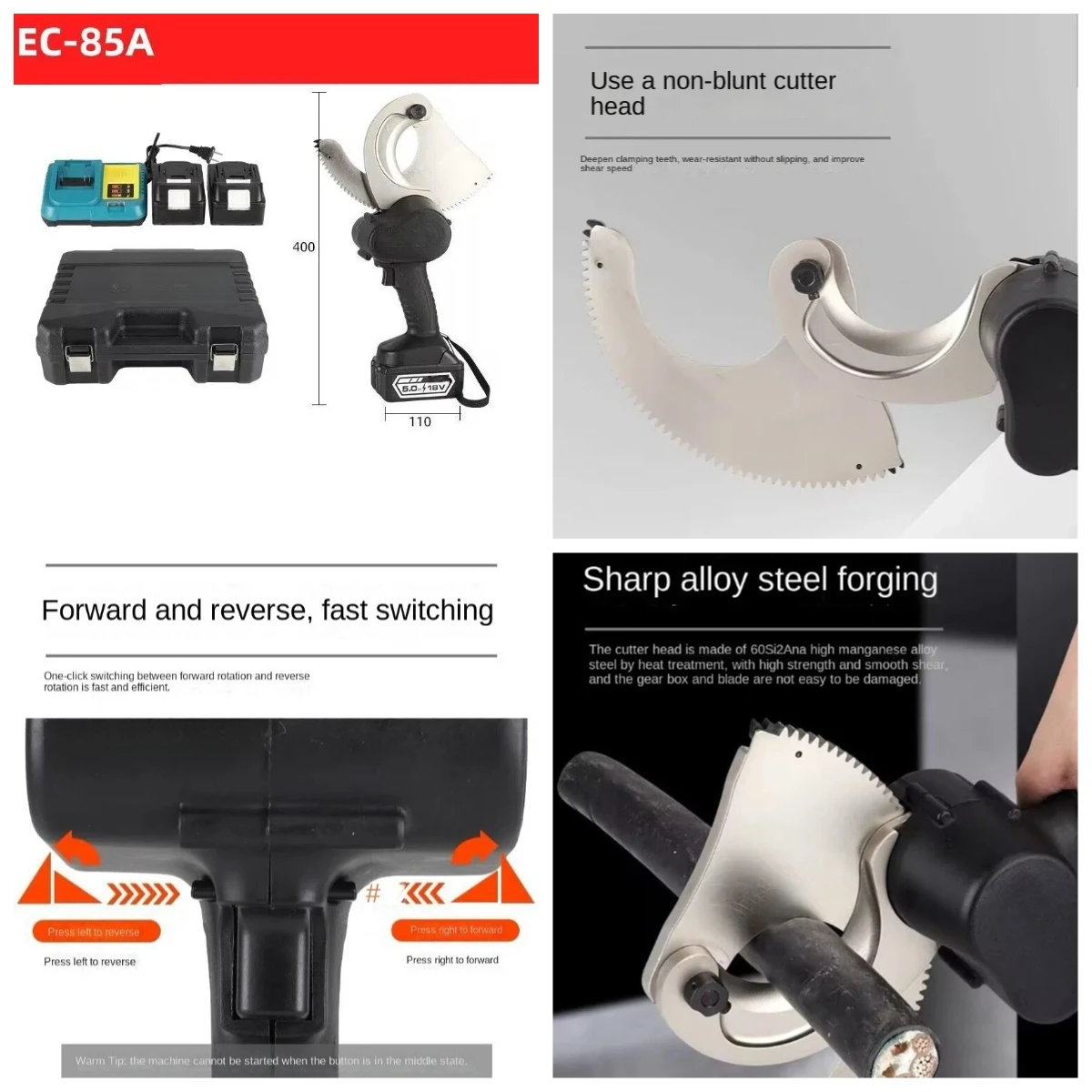 Professional Ratchet Cable Gear Shears 18V, Heavy Duty Electric Cutting Tool for 50mm 85mm Armored and Steel Core Aluminum Wires