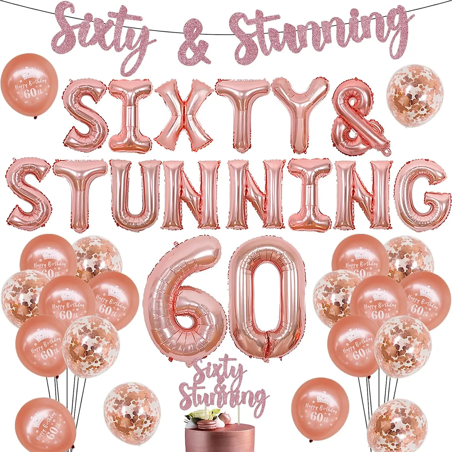 

JOYMEMO Rose Gold Happy 60th Birthday Decorations for Women Sixty and Stunning Banner Balloon Cake Topper Number 60 Foil Balloon